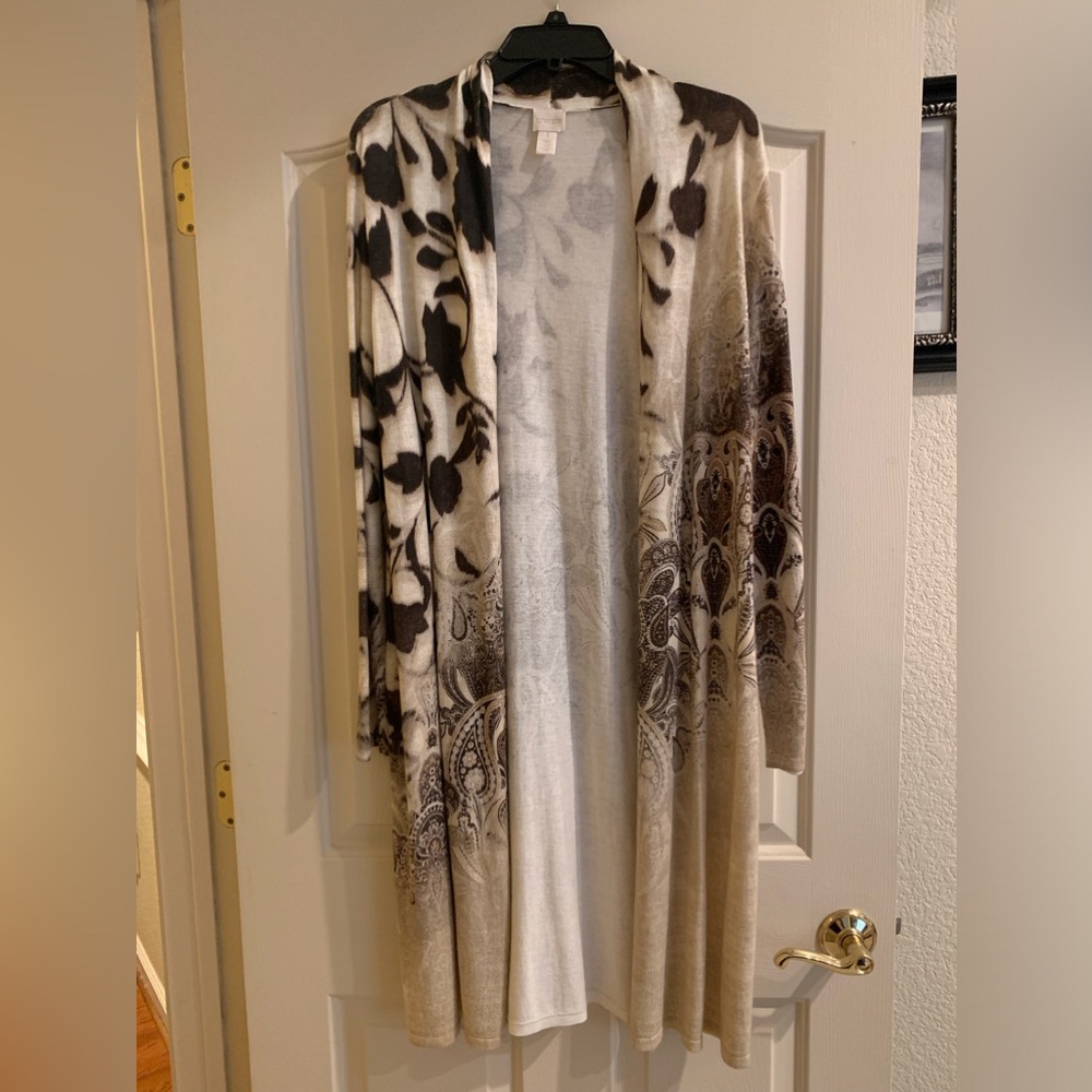 Chico’s Long Sweater in warm cream and brown hues